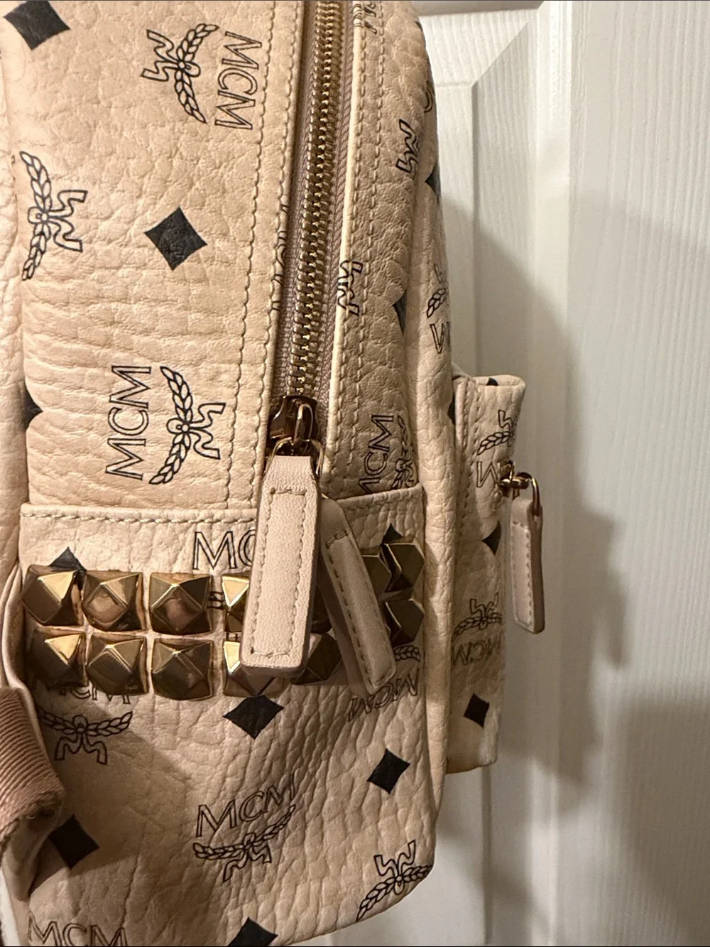 MCM Beige Logo Canvas Mini Backpack with Gold Plaque